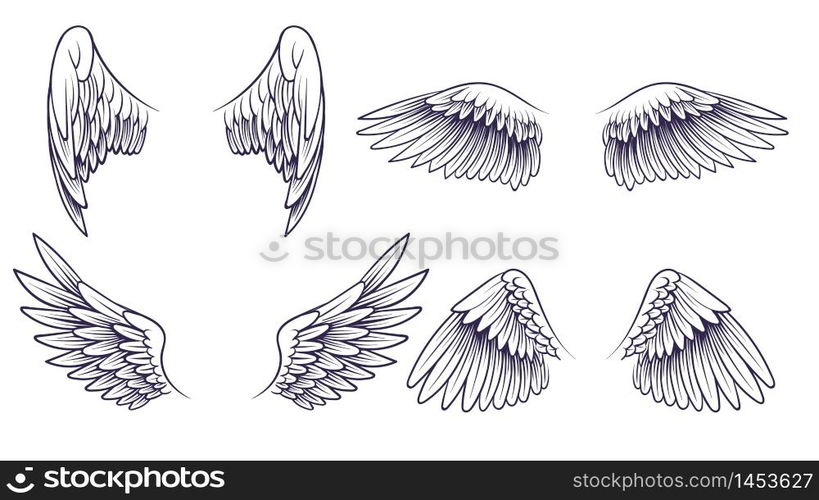 Sketch angel wings. Hand drawn different wings with feathers. Black bird wing silhouette for logo, tattoo or brand, isolated vintage vector set. Sketch angel wings. Hand drawn different wings with feathers. Black bird wing silhouette for logo, tattoo or brand, vintage vector set