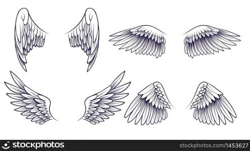 Sketch angel wings. Hand drawn different wings with feathers. Black bird wing silhouette for logo, tattoo or brand, isolated vintage vector set. Sketch angel wings. Hand drawn different wings with feathers. Black bird wing silhouette for logo, tattoo or brand, vintage vector set