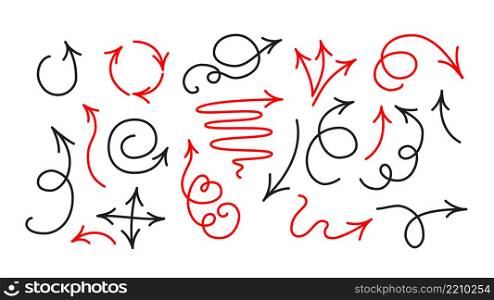Sketch arrow set on white background. Arrow icon collection in doodle cartoon style.. Arrow icon collection in doodle cartoon style. Hand drawn vector clipart illustration.
