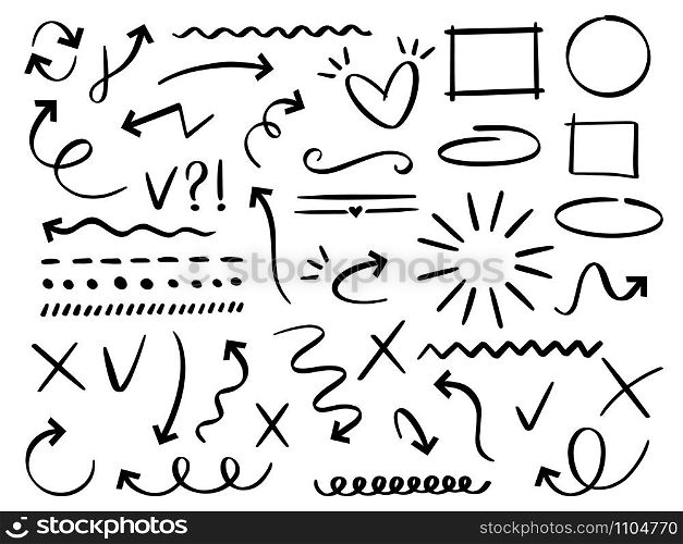 Sketch arrows and frames. Hand drawn arrow, doodle divider and circle, oval and square frame vector set. Underline and navigation symbols. Dotted and curvy lines. Scribble elements, cursors. Sketch arrows and frames. Hand drawn arrow, doodle divider and circle, oval and square frame vector set. Collection of different abstract symbols. Dotted and curvy lines. Scribble elements