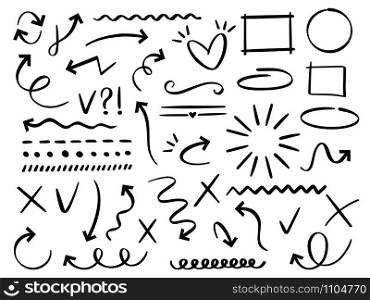 Sketch arrows and frames. Hand drawn arrow, doodle divider and circle, oval and square frame vector set. Underline and navigation symbols. Dotted and curvy lines. Scribble elements, cursors. Sketch arrows and frames. Hand drawn arrow, doodle divider and circle, oval and square frame vector set. Collection of different abstract symbols. Dotted and curvy lines. Scribble elements