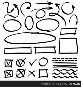 Sketch arrows and frames. Hand drawn circle, oval frame and arrow doodles. Cartoon pointers and lines doodle marker pen hand drawing mark pointer vector isolated symbols set. Sketch arrows and frames. Hand drawn circle, oval frame and arrow doodles. Cartoon pointers and lines vector set