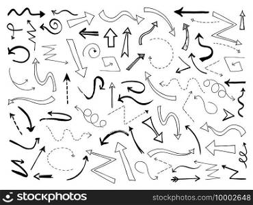 Sketch arrows. Doodle black arrow direction line symbols. Scribble way pointers vector set. Illustration arrow line direction, doodle scribble pointer. Sketch arrows. Doodle black arrow direction line symbols. Scribble way pointers vector set