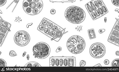 Sketch asian food pattern. Delicious pasta, chinese and japanese cuisine vector seamless texture. Illustration of asian food pattern for restaurant design. Sketch asian food pattern. Delicious pasta, chinese and japanese cuisine vector seamless texture
