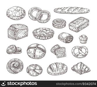 Sketch bakery food. Hand drawn bread, sweet pastry and desserts for food packaging designs. Baked goods vector illustration set. Organic homemade products as croissant, baguette, cookies. Sketch bakery food. Hand drawn bread, sweet pastry and desserts for food packaging designs. Baked goods vector illustration set