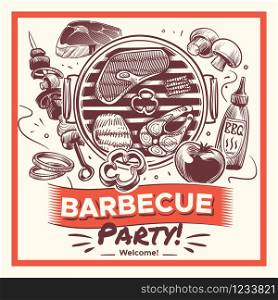 Sketch bbq. Hand drawn barbecue grilled food, ribs and sausages, chicken and steaks, fish and vegetables. Vintage summer traditional outdoor picnic poster vector background. Sketch bbq. Hand drawn barbecue grilled food, ribs and sausages, chicken and steaks, fish and vegetables. Vintage poster vector background