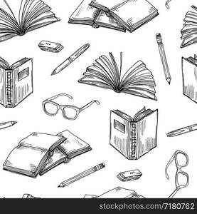 Sketch books seamless pattern. Ebooks reading and writing, school education and library doodle vector background with books pile. Education textbook, book sketch school pattern. Sketch books seamless pattern. Ebooks reading and writing, school education and library doodle vector background with books pile