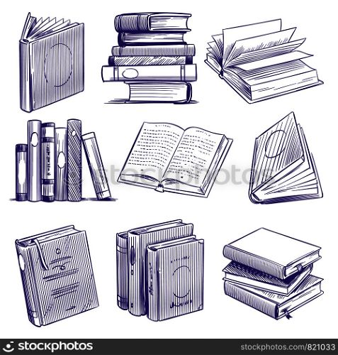 Sketch books. Vintage hand drawing pile of book. Library literature education symbols, sketch engraving notebooks vector isolated retro ink line set. Sketch books. Vintage hand drawing pile of book. Library literature education symbols, sketch engraving notebooks vector set
