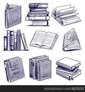 Sketch books. Vintage hand drawing pile of book. Library literature education symbols, sketch engraving notebooks vector isolated retro ink line set. Sketch books. Vintage hand drawing pile of book. Library literature education symbols, sketch engraving notebooks vector set