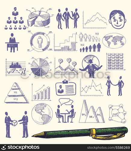 Sketch business organization management concept icons set with hand drawn pen isolated vector illustration
