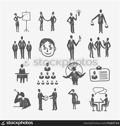 Sketch business organization management structure meeting people icon set isolated doodle vector illustration