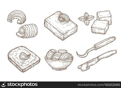 Sketch butter. Closeup cutting margarine block, fresh bread and knife. Vintage hand drawn culinary cooking vector set. Butter block breakfast, cooking culinary dairy illustration. Sketch butter. Closeup cutting margarine block, fresh bread and knife. Vintage hand drawn culinary cooking vector set