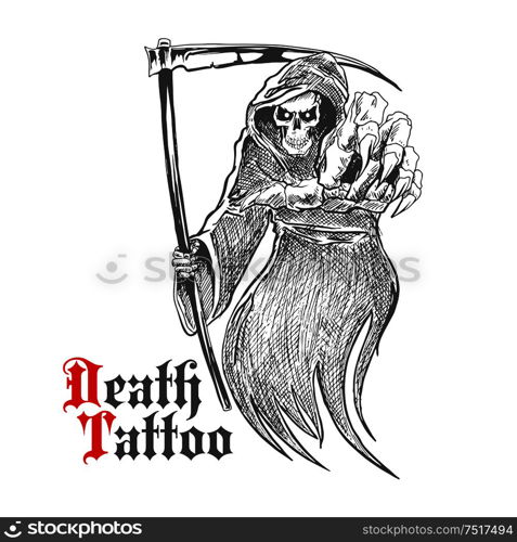 Sketch cartoon dreadful grim reaper in old hooded cloak with scythe pointing at viewer. Death or skeleton monster character for t-shirt print or tattoo design usage. Dreadful grim reaper with scythe