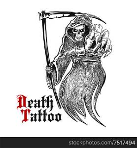 Sketch cartoon dreadful grim reaper in old hooded cloak with scythe pointing at viewer. Death or skeleton monster character for t-shirt print or tattoo design usage. Dreadful grim reaper with scythe