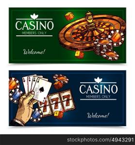 Sketch Casino Horizontal Banners. Colorful sketch casino advertising horizontal banners with invitation and greeting for members only vector illustration