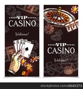Sketch Casino Vertical Banners. Vip casino color vertical banners with image of hand with playing cards roulette and chips in sketch style vector illustration