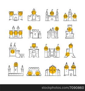 Sketch castles and bastions line icons with yellow rounds. Vector illustration. Castles and bastions line icons