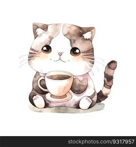 Sketch cat with cup of coffee watercolor for pr∫design. Template, background, ban≠r, card, poster. Cartoon sty≤character. Love concept.