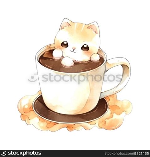 Sketch cat with cup of coffee watercolor for print design. Template, background, banner, card, poster. Cartoon style character. Love concept.. Sketch cat in cup of coffee watercolor for print design. Template, background, banner, card, poster. Cartoon style character. Love concept.