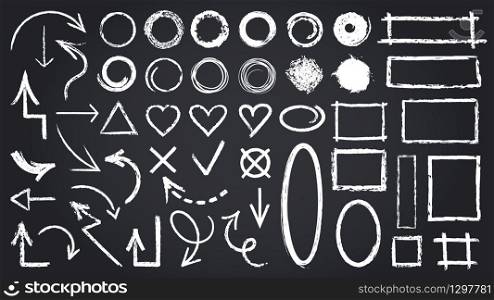 Sketch chalk elements. Sketch chalkboard elements, hand drawn graphic arrows, frames, round and rectangle shapes isolated vector icons set. Illustration round mark, cross tick rectangle shape sketch. Sketch chalk elements. Sketch chalkboard elements, hand drawn graphic arrows, frames, round and rectangle shapes isolated vector icons set