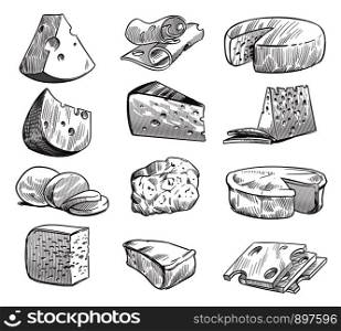Sketch cheese. Various types of cheeses. Fresh cheddar, feta and parmesan dairy snack. Hand drawn retro vector isolated tasty cuisine product set. Sketch cheese. Various types of cheeses. Fresh cheddar, feta and parmesan dairy snack. Hand drawn retro vector isolated set