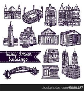 Sketch city building decorative icons set of cinema shop church isolated vector illustration