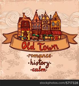 Sketch city decorative background with ribbon and old town romance history calm lettering vector illustration