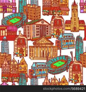Sketch city decorative colored seamless pattern with office building cafe stadium vector illustration