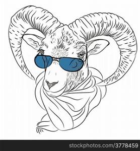 sketch closeup portrait of funny Alpine ibex in red eyeglasses and scarf