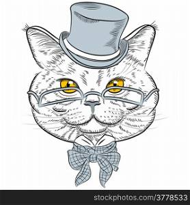 sketch closeup portrait of funny British cat hipster in the gray hat, eyeglasses and bowtie