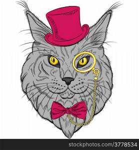 sketch closeup portrait of funny Maine Coon cat hipster in the red hat, pince-nez eyeglasses and bowtie