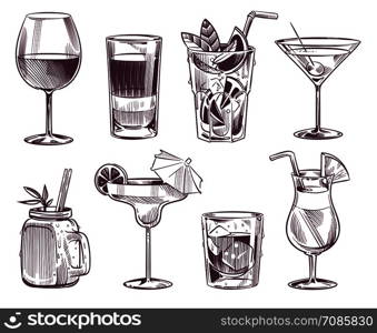 Sketch cocktails. Hand drawn cocktail and alcohol drink, different drinks in glass for party restaurant menu with sketched daiquiris, tonic and sweet martini. Vector illustration set. Sketch cocktails. Hand drawn cocktail and alcohol drink, different drinks in glass for party restaurant menu. Vector illustration set