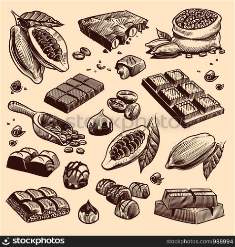 Sketch cocoa and chocolate. Cacao and coffee seeds and chocolate bars and candies. Hand drawn sweets isolated vector traditional vintage peel candy plant set. Sketch cocoa and chocolate. Cacao and coffee seeds and chocolate bars and candies. Hand drawn sweets isolated vector set