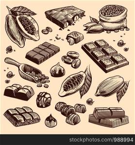 Sketch cocoa and chocolate. Cacao and coffee seeds and chocolate bars and candies. Hand drawn sweets isolated vector traditional vintage peel candy plant set. Sketch cocoa and chocolate. Cacao and coffee seeds and chocolate bars and candies. Hand drawn sweets isolated vector set