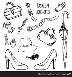 Sketch collection of women accessories. Fashion set. Hand drawn vector isolated. Sketch collection of women accessories. Fashion set. Hand drawn vector isolated.