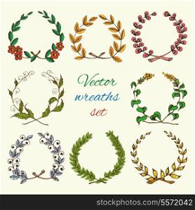 Sketch colored hand drawn vintage royal heraldic leaf wreaths set isolated vector illustration