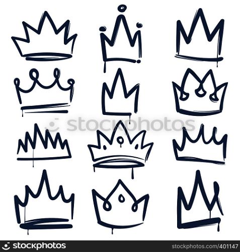 Sketch crown. Queen king crowns tiara luxury royal diadem imperial coronation outline decoration jewel doodle drawn, vector isolated icons. Sketch crown. Queen king crowns tiara luxury royal diadem imperial coronation outline decoration jewel doodle drawn, vector icons