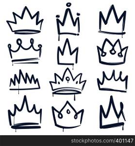 Sketch crown. Queen king crowns tiara luxury royal diadem imperial coronation outline decoration jewel doodle drawn, vector isolated icons. Sketch crown. Queen king crowns tiara luxury royal diadem imperial coronation outline decoration jewel doodle drawn, vector icons