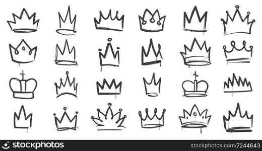 Sketch crown. Simple elegant queen or king, princess or prince crowns. Monarch majestic jewel tiara, beautiful diadem, royal imperial coronation symbols. Vector isolated icons. Sketch crown. Simple elegant queen or king crowns. Monarch majestic jewel tiara, beautiful diadem, royal imperial coronation symbols. Vector isolated icons