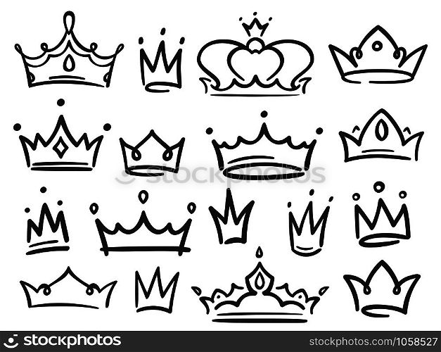 Sketch crown. Simple graffiti crowning, elegant queen or king crowns hand drawn. Royal imperial coronation symbols, monarch majestic jewel tiara isolated icons vector illustration set. Sketch crown. Simple graffiti crowning, elegant queen or king crowns hand drawn vector illustration