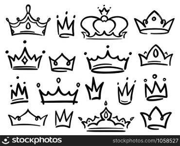 Sketch crown. Simple graffiti crowning, elegant queen or king crowns hand drawn. Royal imperial coronation symbols, monarch majestic jewel tiara isolated icons vector illustration set. Sketch crown. Simple graffiti crowning, elegant queen or king crowns hand drawn vector illustration