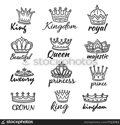 Sketch crowns. Hand drawn king, queen crown and princess tiara. Royalty vector doodle symbols and majestic logos. Illustration of king and queen, prince and emperor crowns. Sketch crowns. Hand drawn king, queen crown and princess tiara. Royalty vector doodle symbols and majestic logos