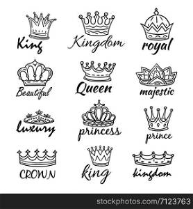 Sketch crowns. Hand drawn king, queen crown and princess tiara. Royalty vector doodle symbols and majestic logos. Illustration of king and queen, prince and emperor crowns. Sketch crowns. Hand drawn king, queen crown and princess tiara. Royalty vector doodle symbols and majestic logos