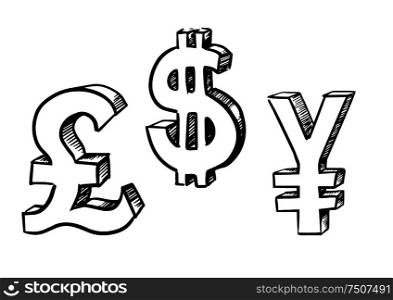Sketch currency signs with the pound sterling, dollar and yen, black and white icons. Dollar, pound and yen currency signs