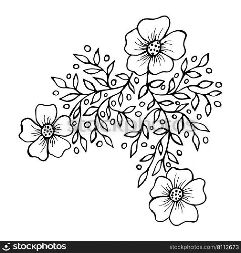 Sketch cute sakura branch hand drawn. Black floral outlines on white background for coloring book page. Vector flowers with leaves in doodle style.. Sketch cute sakura branch hand drawn. 