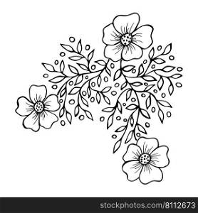 Sketch cute sakura branch hand drawn. Black floral outlines on white background for coloring book page. Vector flowers with leaves in doodle style.. Sketch cute sakura branch hand drawn. 