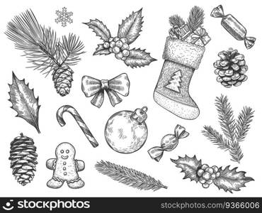 Sketch decoration xmas set. Christmas and happy new year symbols. Sock and gift, gingerbread, holly fir branches, pine cone vector elements. Hand drawn sweet, christmas ball, candy cane. Sketch decoration xmas set. Christmas and happy new year symbols. Sock and gift, gingerbread, holly fir branches, pine cone vector elements