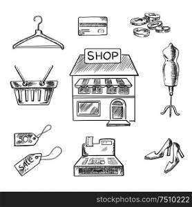 Sketch design elements with a central store front surrounded by a till, sale price, basket, hanger, credit card, cash, mannequin and shoes. Retail concept usage. Shopping and retail sketch icons