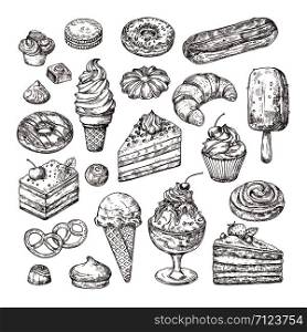 Sketch dessert. Cake, pastry and ice cream, apple strudel and muffin in vintage engraving style. Hand drawn fruit desserts vector set. Illustration of cake with cream, dessert sketch, pastry sweet. Sketch dessert. Cake, pastry and ice cream, apple strudel and muffin in vintage engraving style. Hand drawn fruit desserts vector set