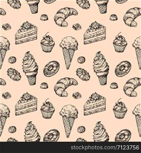 Sketch dessert seamless background. Cakes sweets cupcake and ice cream hand drawn vector wrapping texture. Illustration of cupcake and dessert, sweet food and chocolate. Sketch dessert seamless background. Cakes sweets cupcake and ice cream hand drawn vector wrapping texture